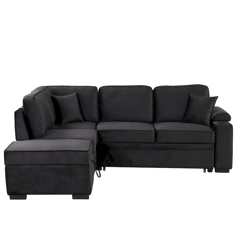 Divano letto estraibile sezionale a L, divano reclinabile con 2 porte USB, 2 prese di corrente e pouf contenitore mobile