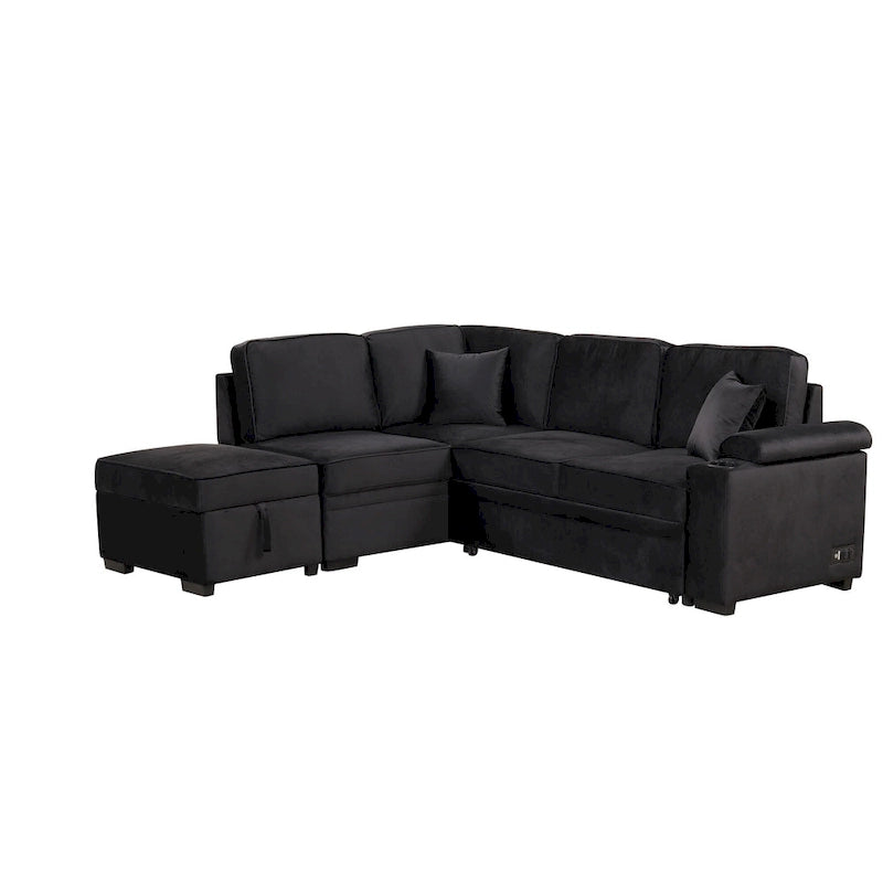 Divano letto estraibile sezionale a L, divano reclinabile con 2 porte USB, 2 prese di corrente e pouf contenitore mobile