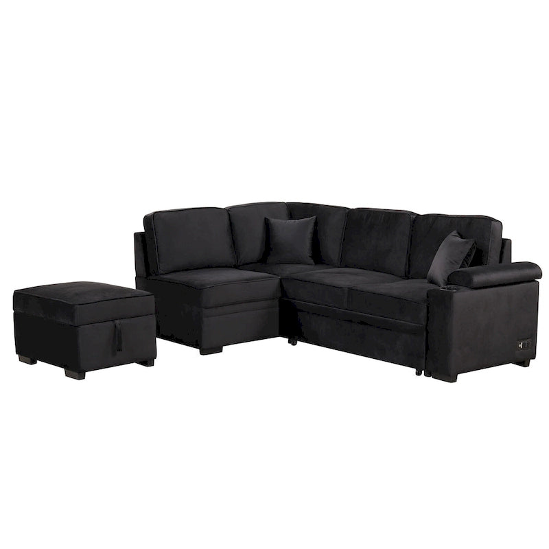 Divano letto estraibile sezionale a L, divano reclinabile con 2 porte USB, 2 prese di corrente e pouf contenitore mobile
