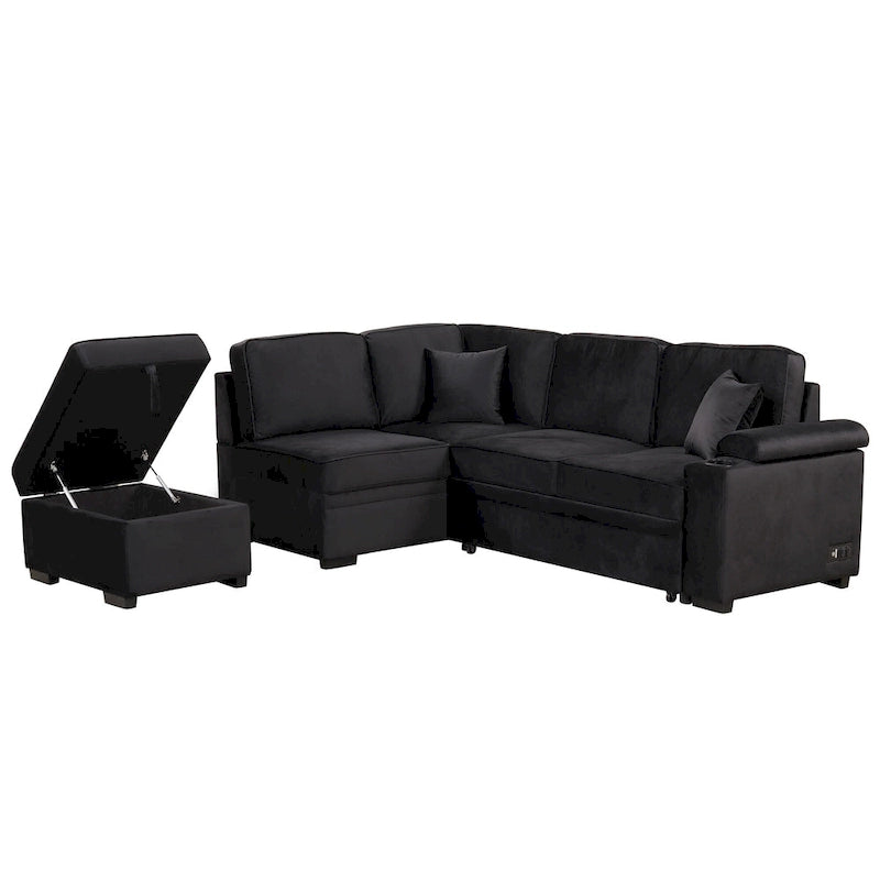 Divano letto estraibile sezionale a L, divano reclinabile con 2 porte USB, 2 prese di corrente e pouf contenitore mobile