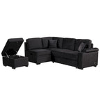 Divano letto estraibile sezionale a L, divano reclinabile con 2 porte USB, 2 prese di corrente e pouf contenitore mobile