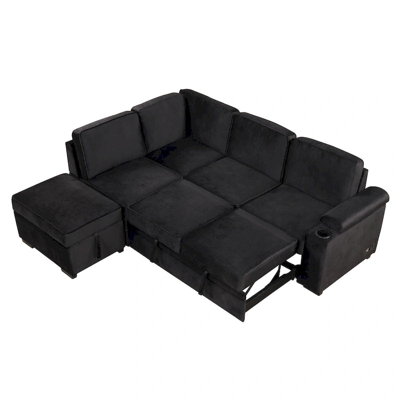 Divano letto estraibile sezionale a L, divano reclinabile con 2 porte USB, 2 prese di corrente e pouf contenitore mobile