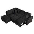 Divano letto estraibile sezionale a L, divano reclinabile con 2 porte USB, 2 prese di corrente e pouf contenitore mobile