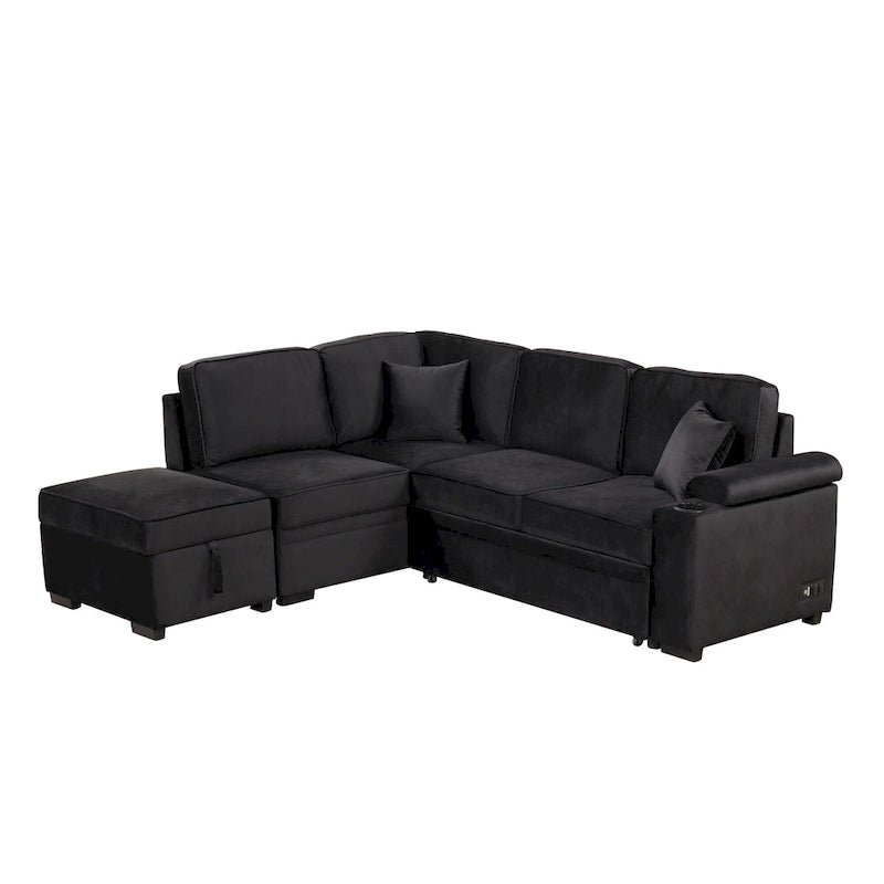 Divano letto estraibile sezionale a L, divano reclinabile con 2 porte USB, 2 prese di corrente e pouf contenitore mobile