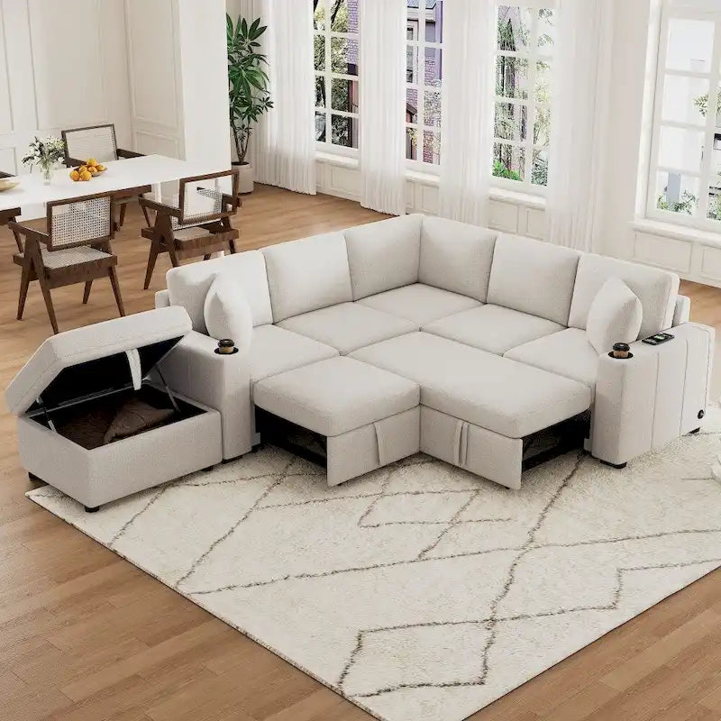 Ensemble de canapé d'angle moderne en forme de L de 215 cm avec ottoman de rangement mobile et canapé-lit escamotable