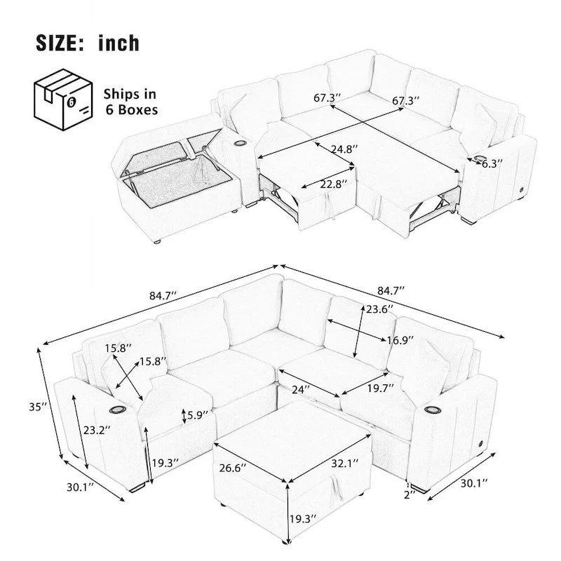 Ensemble de canapé d'angle moderne en forme de L de 215 cm avec ottoman de rangement mobile et canapé-lit escamotable