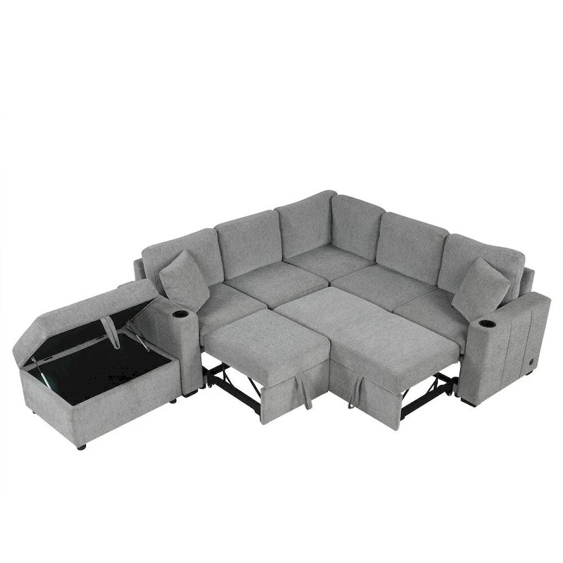 Ensemble de canapé d'angle moderne en forme de L de 215 cm avec ottoman de rangement mobile et canapé-lit escamotable