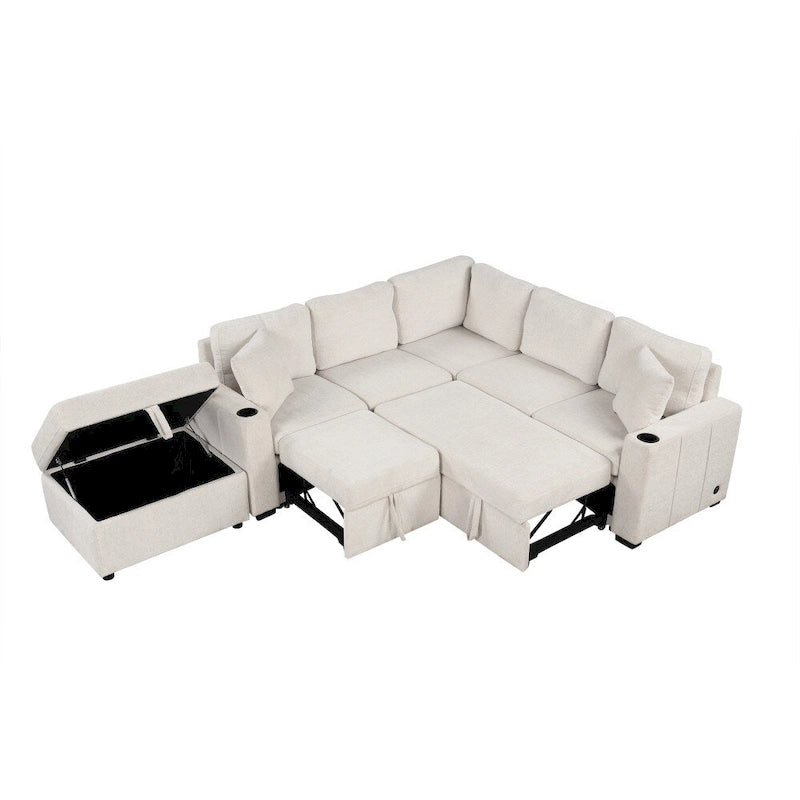 Ensemble de canapé d'angle moderne en forme de L de 215 cm avec ottoman de rangement mobile et canapé-lit escamotable