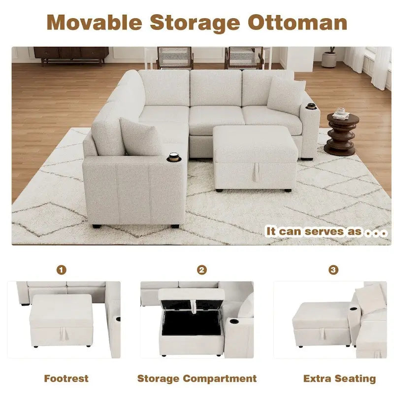 Ensemble de canapé d'angle moderne en forme de L de 215 cm avec ottoman de rangement mobile et canapé-lit escamotable