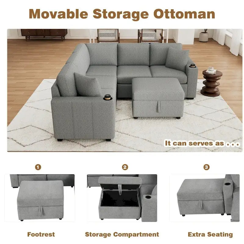 Ensemble de canapé d'angle moderne en forme de L de 215 cm avec ottoman de rangement mobile et canapé-lit escamotable