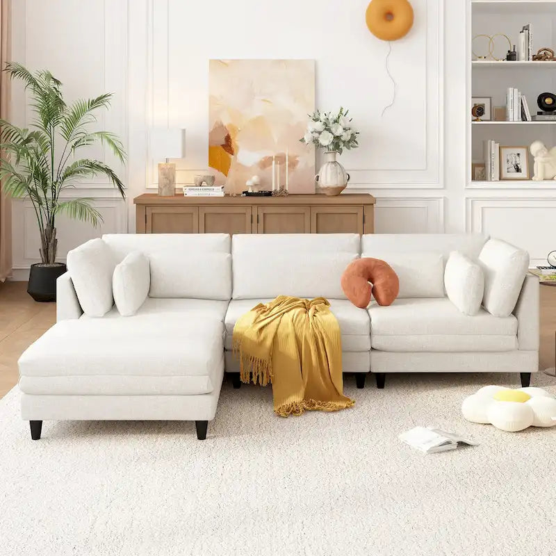Contemporary Modular Sectional Sofa with Movable Ottoman and 5 Pillows