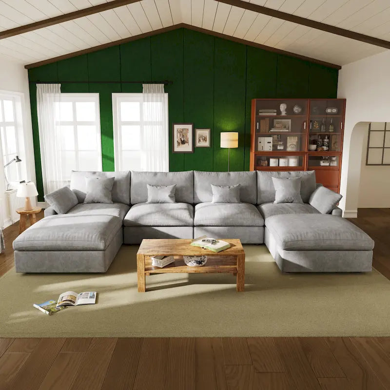 Divano componibile in lino oversize imbottito in piuma a forma di U per soggiorno