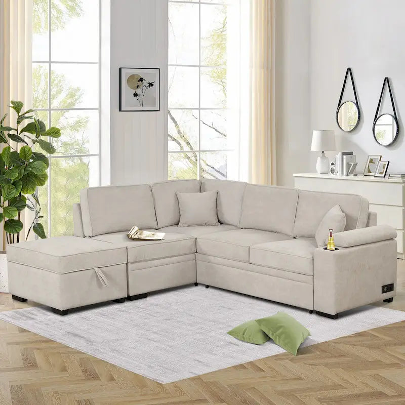 Divano letto estraibile 2 in 1 in lino a forma di L con pouf contenitore e portabicchieri, divano letto con schienale e cuscini