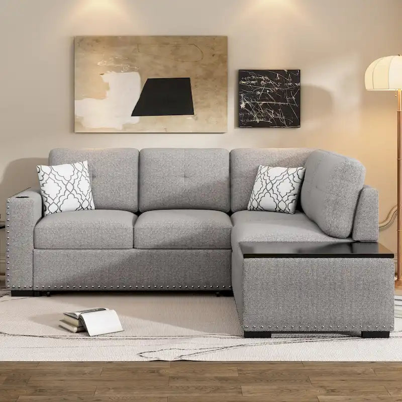 Divano Sezionale Cloud Sofa, Divano con Rivestimento in ciniglia con Pouf Spostabile, Porte di Ricarica e 3 Cuscini dello Schienale