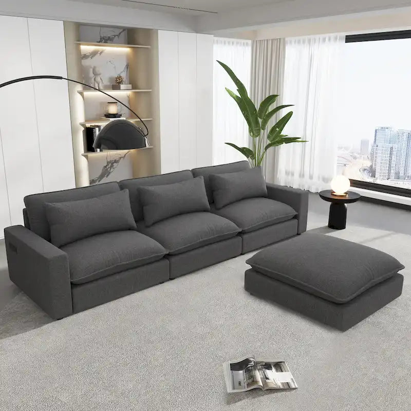 Sectional Sofa Cloud Sofa, Chenille Upholstered Sofa Couch with Movable Ottoman Charging Ports and 3 Back Pillows
