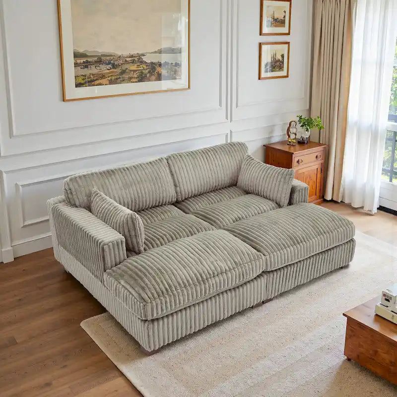 Divano componibile in velluto a coste da 208 cm con chaise longue