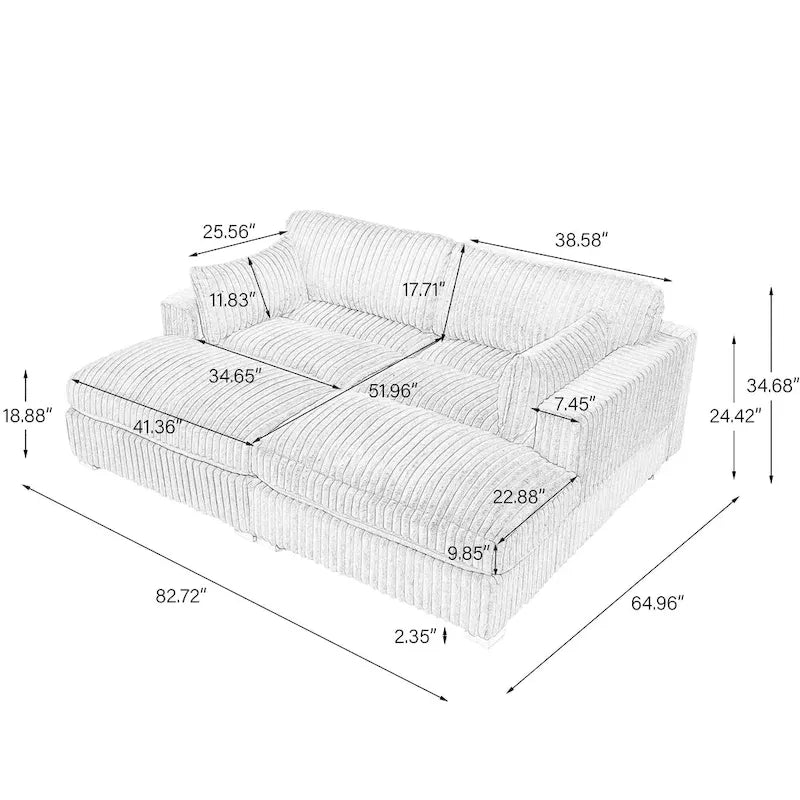 Divano componibile in velluto a coste da 208 cm con chaise longue