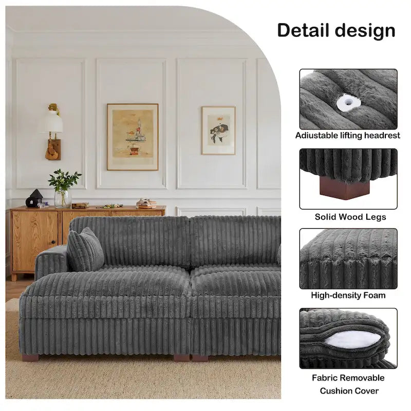 Divano componibile in velluto a coste da 208 cm con chaise longue