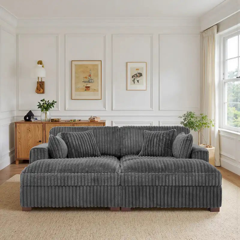 Divano componibile in velluto a coste da 208 cm con chaise longue