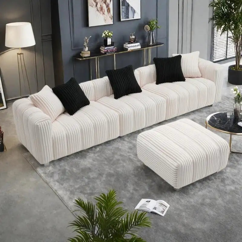 114.17 Canapé 3 places en velours côtelé avec ottoman, cadre en bois massif et coussins en mousse haute densité