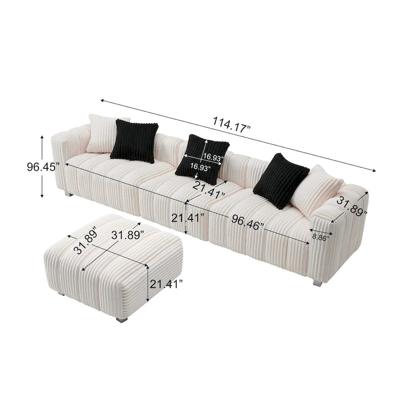 114.17 Canapé 3 places en velours côtelé avec ottoman, cadre en bois massif et coussins en mousse haute densité