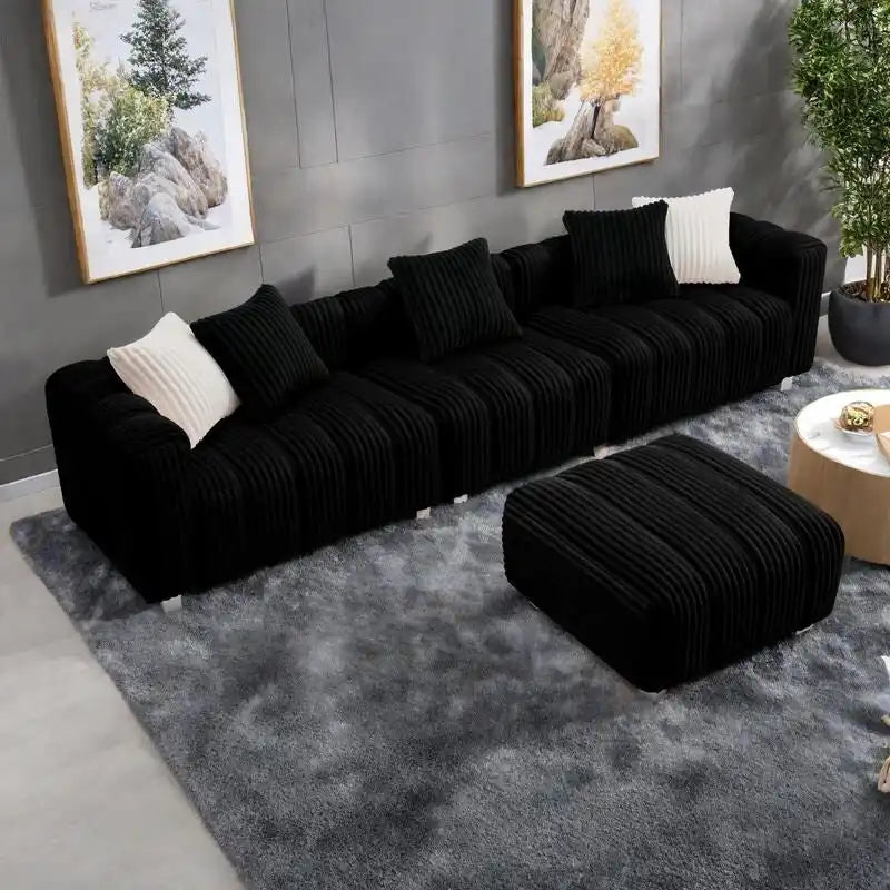114.17 Canapé 3 places en velours côtelé avec ottoman, cadre en bois massif et coussins en mousse haute densité