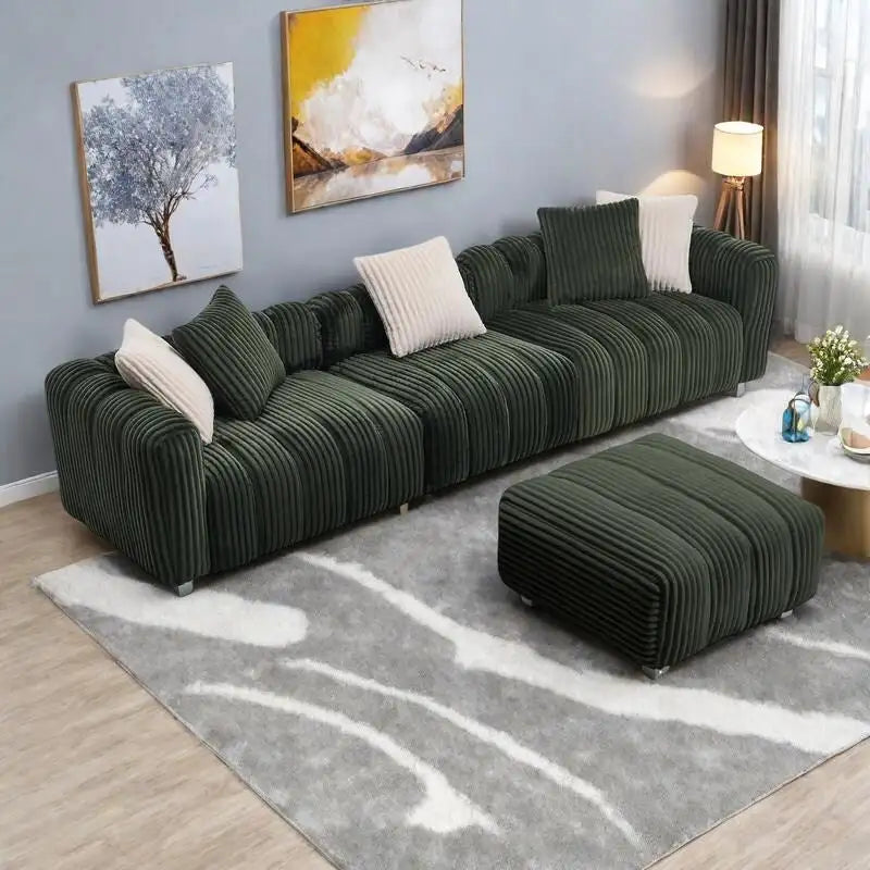 114.17 Canapé 3 places en velours côtelé avec ottoman, cadre en bois massif et coussins en mousse haute densité