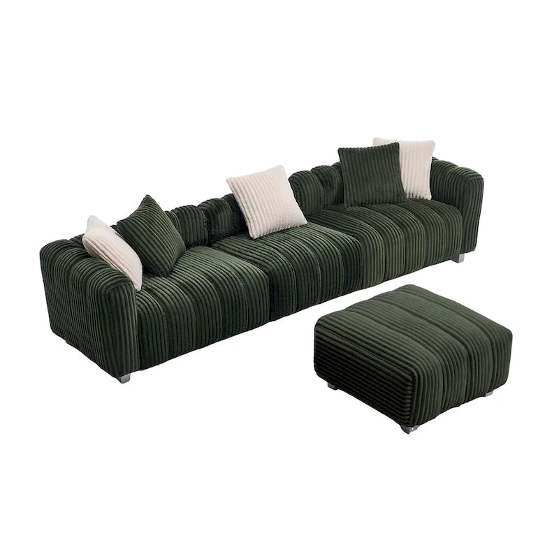 114.17 Canapé 3 places en velours côtelé avec ottoman, cadre en bois massif et coussins en mousse haute densité