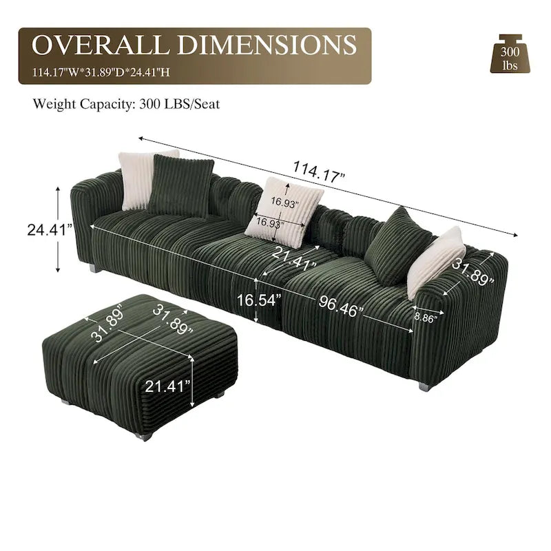 114.17 Canapé 3 places en velours côtelé avec ottoman, cadre en bois massif et coussins en mousse haute densité