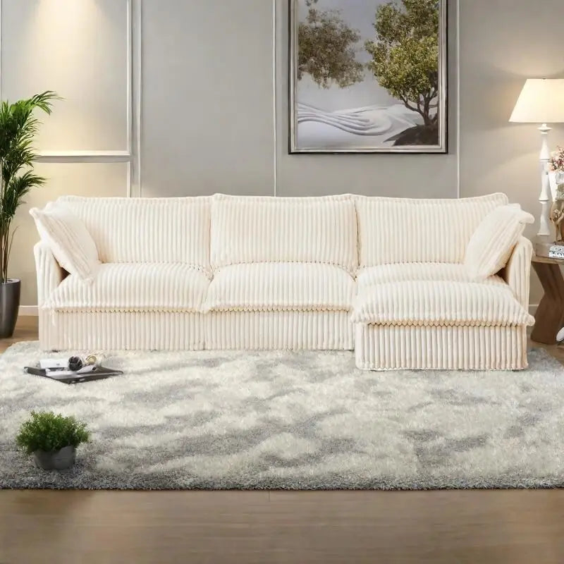 120 Corduroy L-Shaped 3-Seater Sectional with Convertible Ottoman, Removable Slipcover and Cloud-Like Cushions