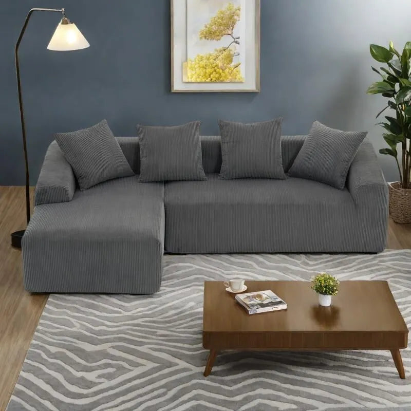Divano Sezionale a L in Velluto a Coste da 101,6 cm con Chaise Longue e 4 Cuscini