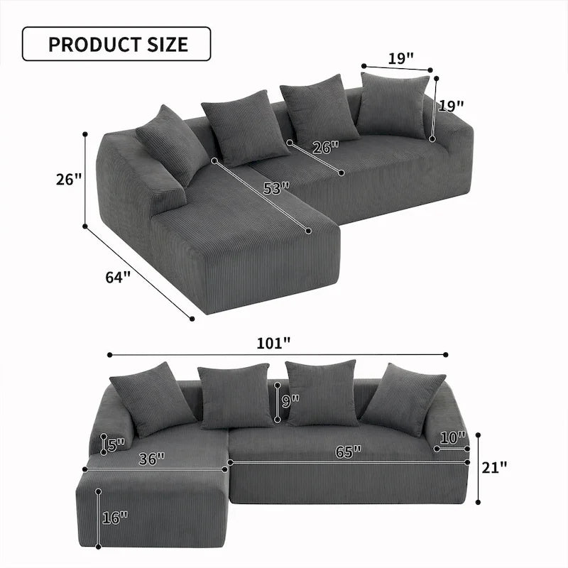 Divano Sezionale a L in Velluto a Coste da 101,6 cm con Chaise Longue e 4 Cuscini
