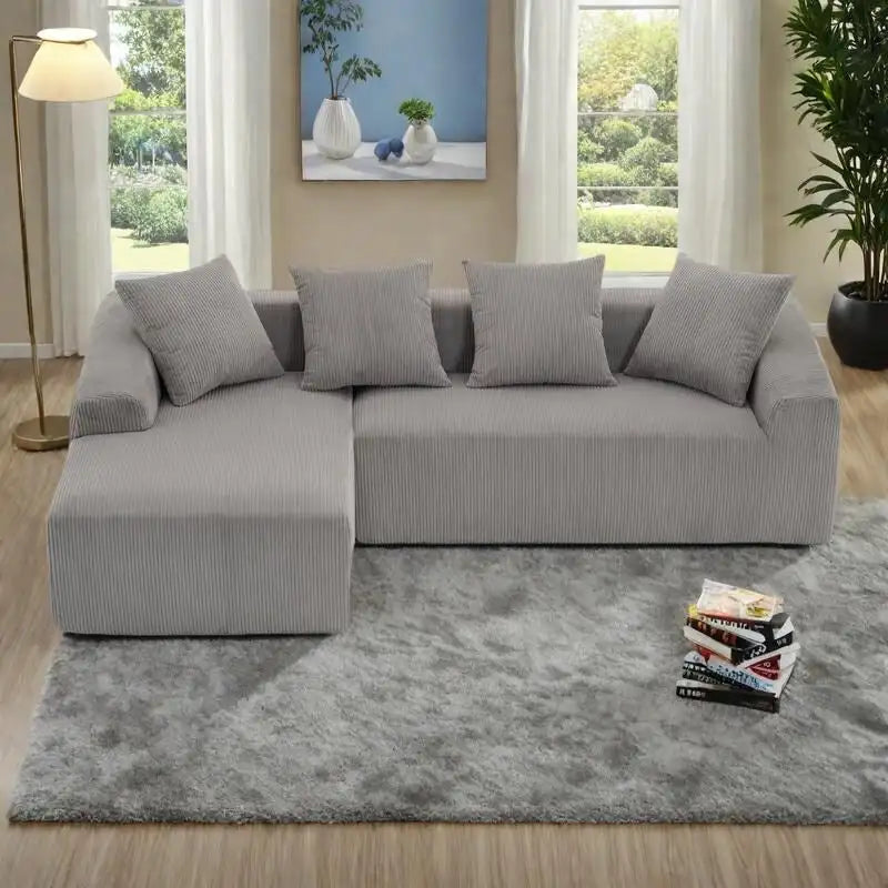 Divano Sezionale a L in Velluto a Coste da 101,6 cm con Chaise Longue e 4 Cuscini