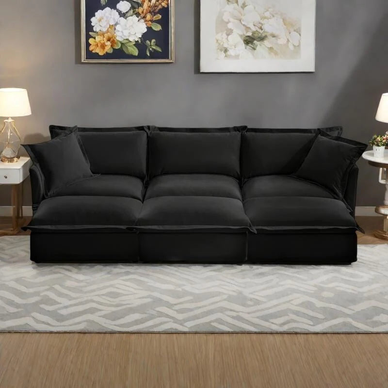 Ensemble de canapé 3 places en chenille 120 avec 3 poufs, fonction couchage et housses amovibles
