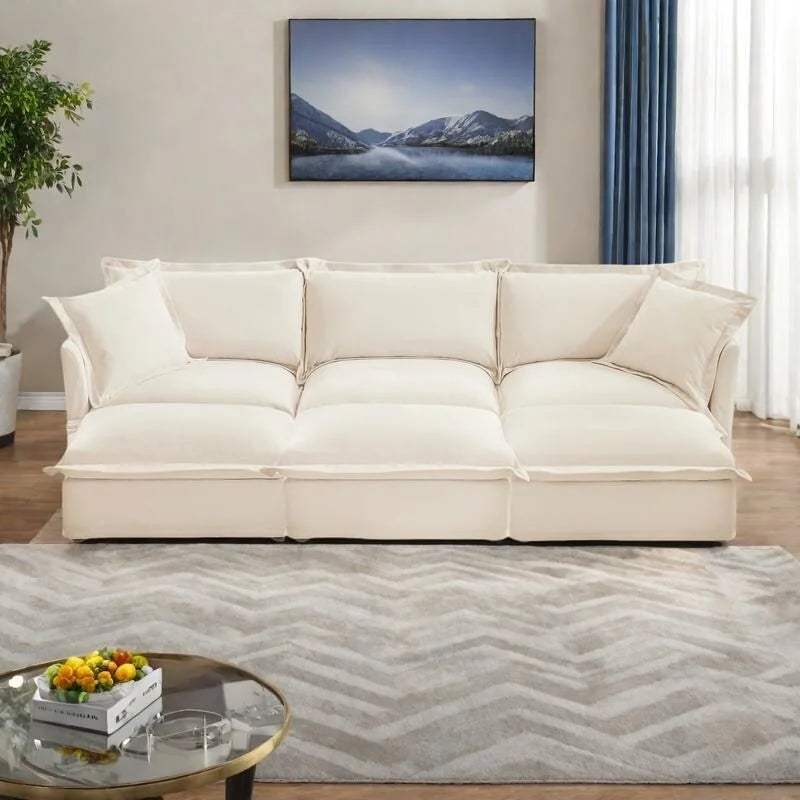 Ensemble de canapé 3 places en chenille 120 avec 3 poufs, fonction couchage et housses amovibles