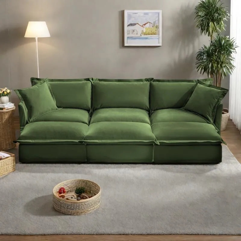 Ensemble de canapé 3 places en chenille 120 avec 3 poufs, fonction couchage et housses amovibles