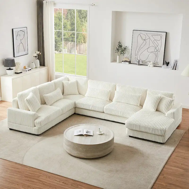 Corduroy Sectional Sofa U-shaped Sofa Couch, Upholstered Deep Seat Sofa with Cushions and Pillows for Living Room