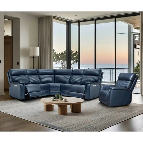 105 W Genuine Leather Power Reclining Sectional and Recliner Sofa Set with USB&USB-C Port, 2 Stationary Armlesschairs