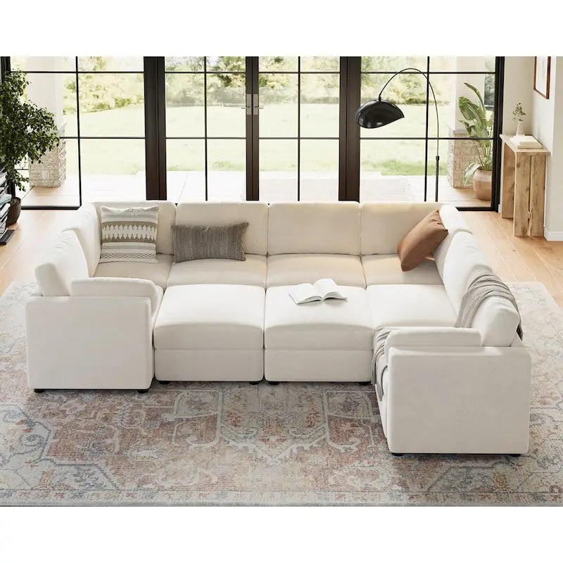 Divano Sezionale Modulare a U, Divano Sovradimensionato a 9 Posti con 2 Pouf Contenitore, 2 Cuscini, Divano Moderno Comodo con Seduta Profonda