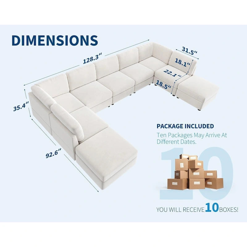 Divano Sezionale Modulare a U, Divano Sovradimensionato a 9 Posti con 2 Pouf Contenitore, 2 Cuscini, Divano Moderno Comodo con Seduta Profonda
