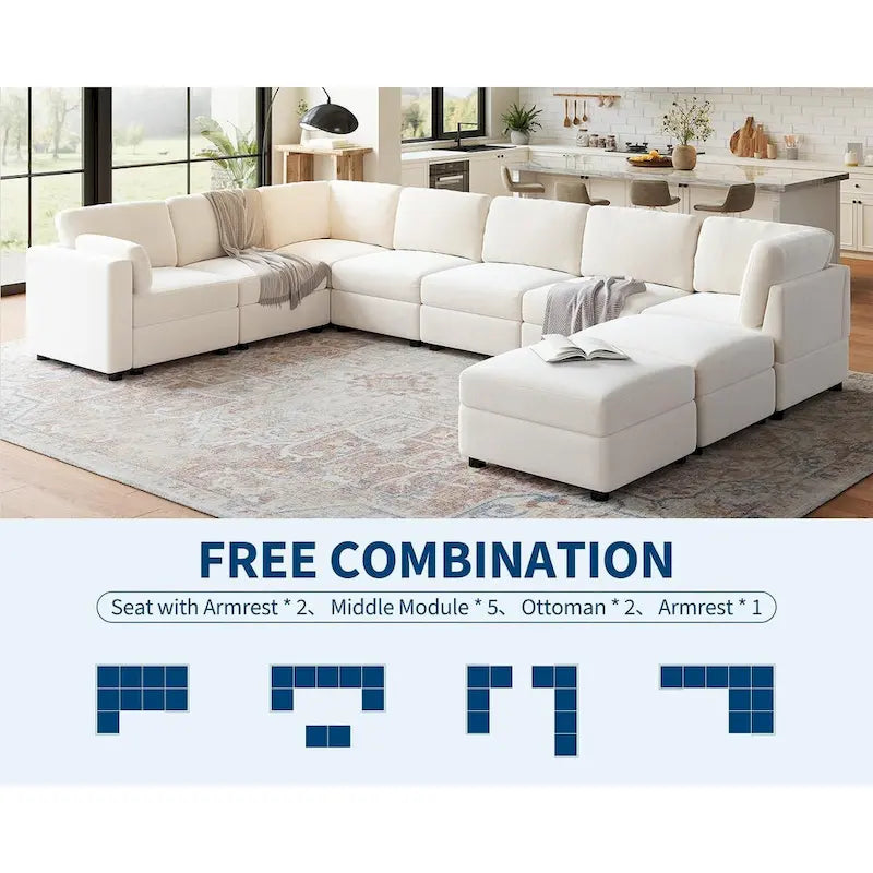 Divano Sezionale Modulare a U, Divano Sovradimensionato a 9 Posti con 2 Pouf Contenitore, 2 Cuscini, Divano Moderno Comodo con Seduta Profonda