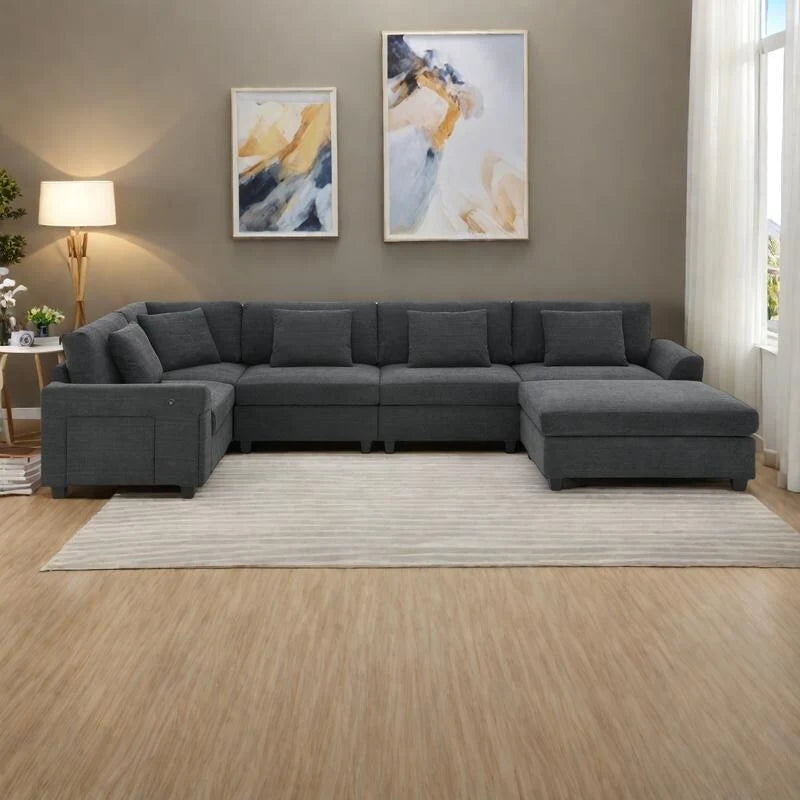 Divano componibile a U in ciniglia 128 con pouf, set divano a 6 posti e vano portaoggetti nascosto, ricarica USB e portabicchieri