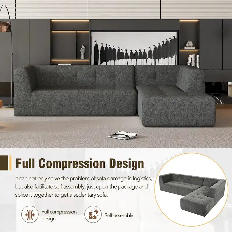 Divano letto modulare a L in ciniglia da 112,2" con design a combinazione libera e senza necessità di montaggio