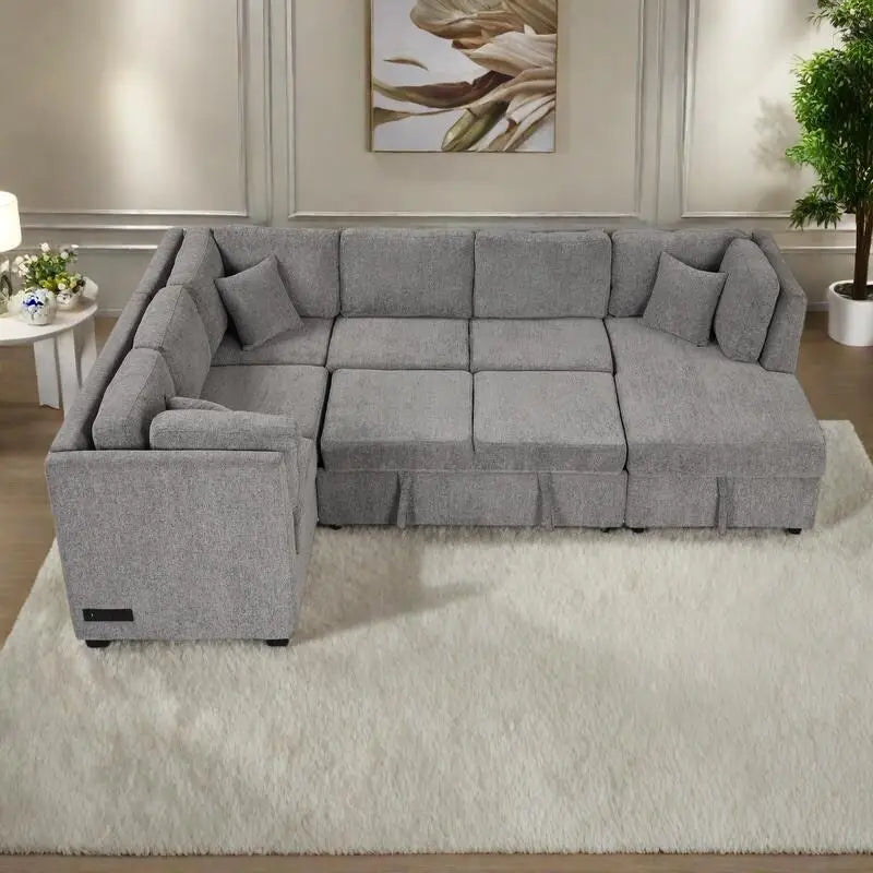 108.6 Divano Sezionale a U in Ciniglia con Funzione Letto, Porte USB, Chaise Longue Contenitore e 3 Cuscini Schienale