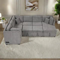 108.6 Divano Sezionale a U in Ciniglia con Funzione Letto, Porte USB, Chaise Longue Contenitore e 3 Cuscini Schienale