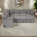 108.6 Divano Sezionale a U in Ciniglia con Funzione Letto, Porte USB, Chaise Longue Contenitore e 3 Cuscini Schienale