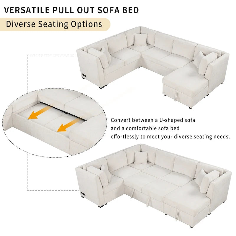 108.6 Divano Sezionale a U in Ciniglia con Funzione Letto, Porte USB, Chaise Longue Contenitore e 3 Cuscini Schienale