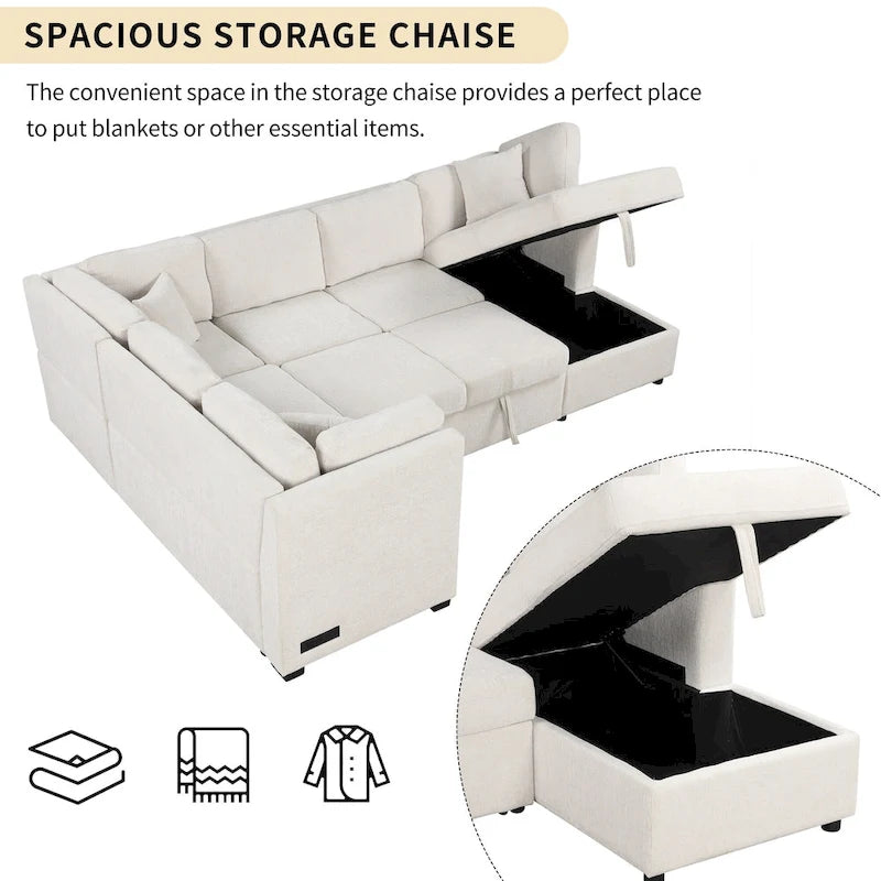 108.6 Divano Sezionale a U in Ciniglia con Funzione Letto, Porte USB, Chaise Longue Contenitore e 3 Cuscini Schienale