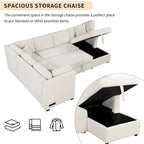108.6 Divano Sezionale a U in Ciniglia con Funzione Letto, Porte USB, Chaise Longue Contenitore e 3 Cuscini Schienale