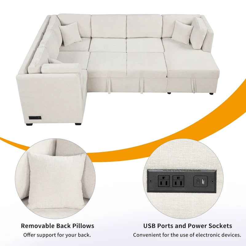 108.6 Divano Sezionale a U in Ciniglia con Funzione Letto, Porte USB, Chaise Longue Contenitore e 3 Cuscini Schienale